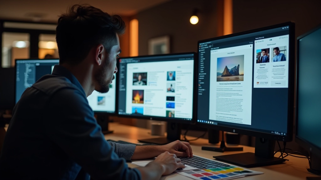 Estúdio de design de email com múltiplos monitores mostrando templates de newsletter