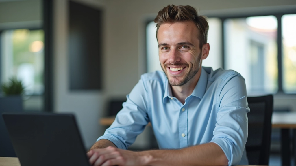 Pessoa sorrindo olhando para monitor com template de email responsivo funcionando perfeitamente em todos os dispositivos